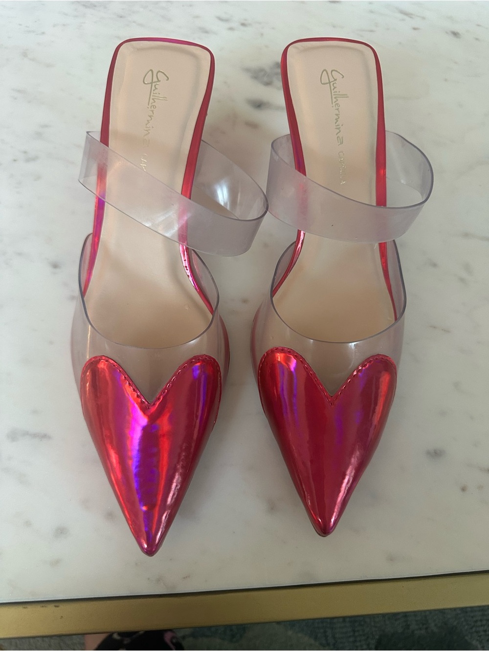 Guilhermina  Pink Iridescent Heart-Accent Pointed Mule